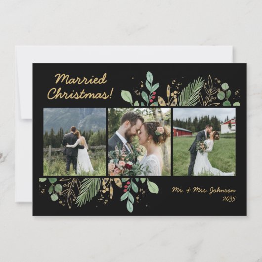 Modern Botanical Greenery 3 Photo Wedding Feestdagenkaart (Voorkant)