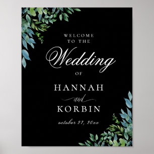 Modern Botanical Greenery Black Wedding Welcome Poster