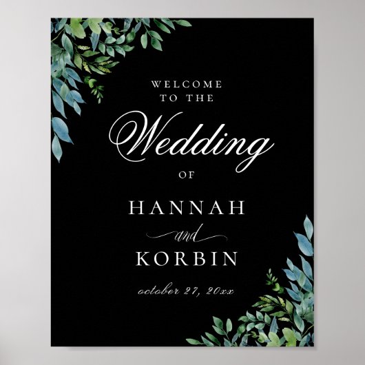 Modern Botanical Greenery Black Wedding Welcome Poster (Voorkant)