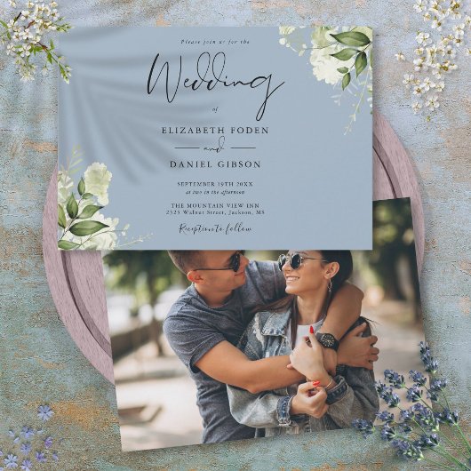Modern Botanical Greenery Dusty Blue Photo Wedding Kaart