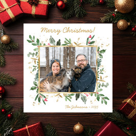 Modern Botanical Greenery Photo Holiday Card Feestdagenkaart