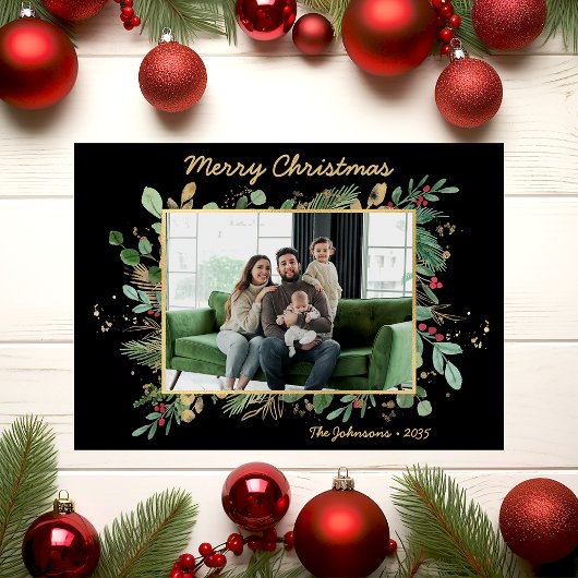 Modern Botanical Greenery Photo Holiday Card Feestdagenkaart