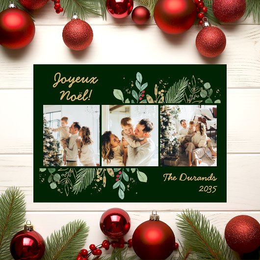 Modern Botanical Greenery Photo Joyeux Noel Feestdagenkaart