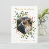 Modern Botanical Greenery Photo Married Christmas Feestdagenkaart (Staand voorkant)