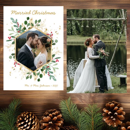 Modern Botanical Greenery Photo Married Christmas Feestdagenkaart