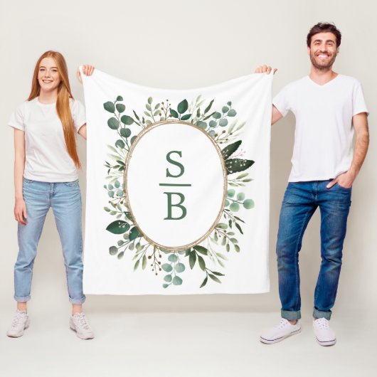 Modern Botanical Greenery Wedding Initiaal Monogra Fleece Deken (In situ)