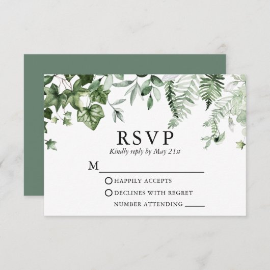 Modern Botanical Ivy Ferns Sage Green Wedding RSVP Kaartje (Voorkant / Achterkant)