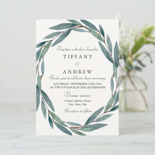 Modern Botanical Leaf Wreath Wedding Kaart (Staand voorkant)