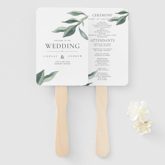Modern Botanical Leaves Wedding Programme Hand Fan Handwaaier (Voorkant en achterkant)