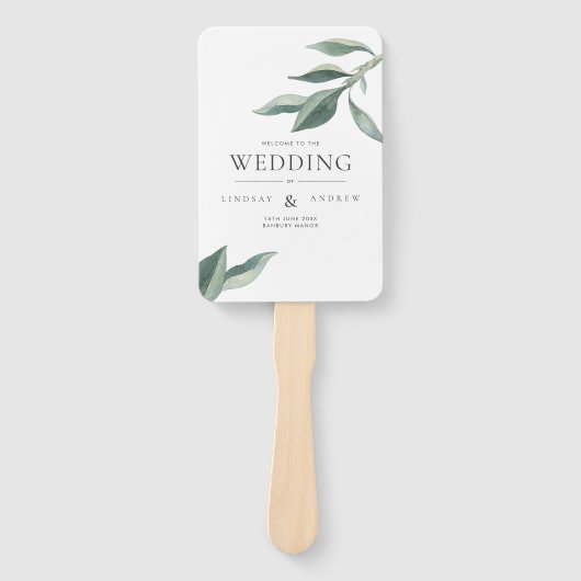 Modern Botanical Leaves Wedding Programme Hand Fan Handwaaier (Voorkant)