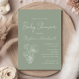 Modern Botanical Line Art Sage Green Baby shower Kaart