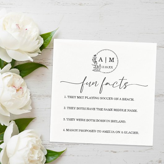 Modern Botanical Monogram Fun Facts Wedding Servet