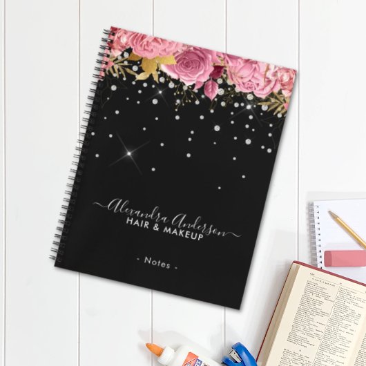 Modern Botanical Pink Floral Diamonds Glitter Notitieboek