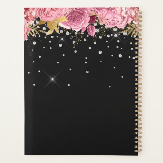 Modern Botanical Pink Floral Diamonds Glitter Planner (Achterkant)
