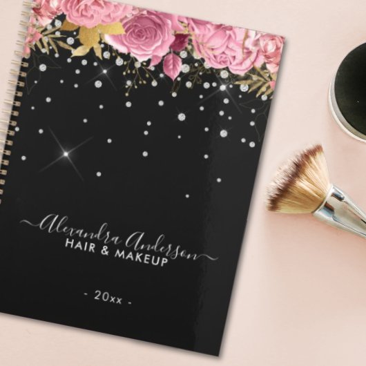Modern Botanical Pink Floral Diamonds Glitter Planner