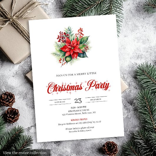 Modern Botanical Red Poinsettia Dinner Invitation Kaart