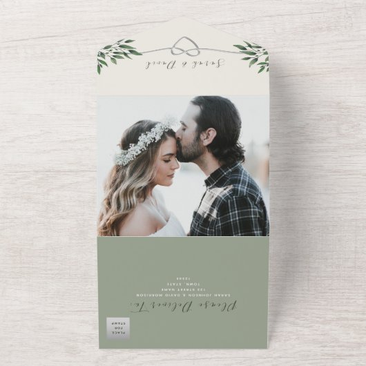 Modern Botanical Sage Green Wedding All In One Uitnodiging (Buitenkant)