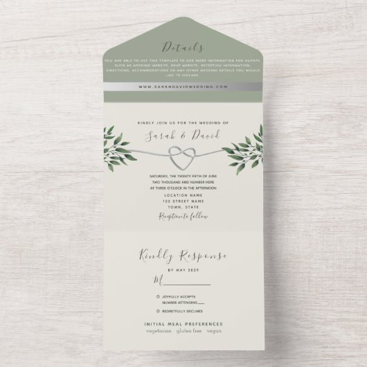 Modern Botanical Sage Green Wedding All In One Uitnodiging (Binnen)