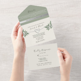 Modern Botanical Sage Green Wedding All In One Uitnodiging