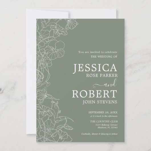 Modern Botanical Sage Green Wedding Invitation Kaart (Voorkant)