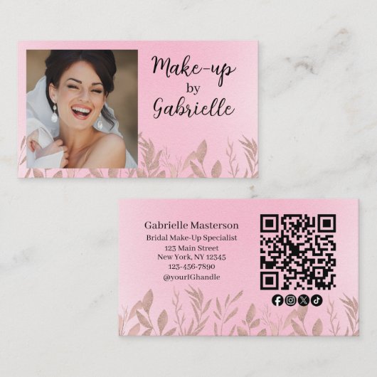 Modern Botanical Soft Pink Boho Photo QR Code Visitekaartje (Voorkant / Achterkant)