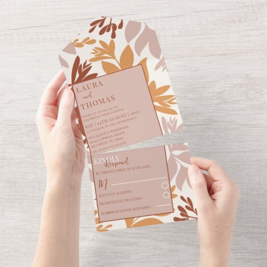 Modern Botanical Terracotta Wedding All In One Uitnodiging (Afscheurbaar)