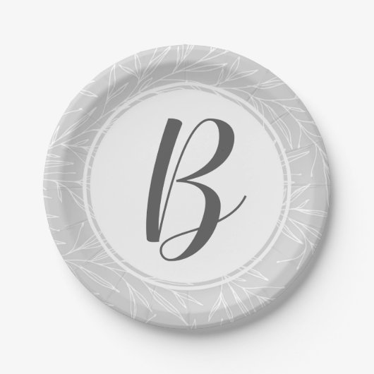 Modern Botanisch Blad Zilver Monogram Bruiloft Papieren Bordje (Voorkant)