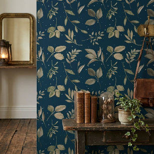 Modern Botanisch Bladpatroon Donker Oceaanblauw Behang