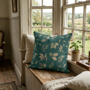 Modern Botanisch Bladpatroon Donker Teal Kussen