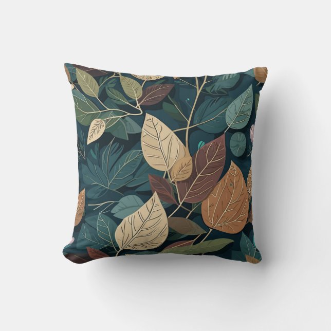 Modern botanisch bladpatroon in aardetoneel teal kussen (Voorkant)