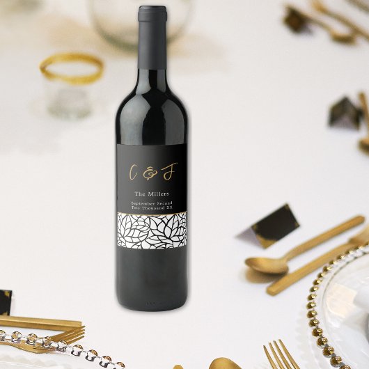 Modern Botanisch Bladpatroon Monogram Datum Wijn Etiket