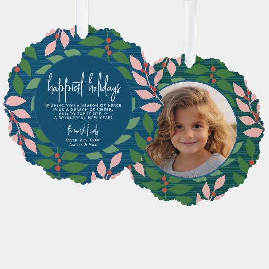 Modern botanisch blauw - Foto - Happiest Holiday Ornament Kaart (Voorkant / Achterkant)