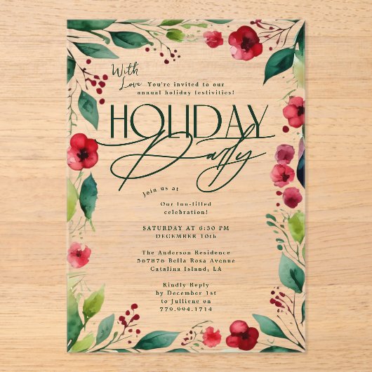 Modern Botanisch Custom Christmas Holiday Party Acryl Uitnodigingen (Voorkant)