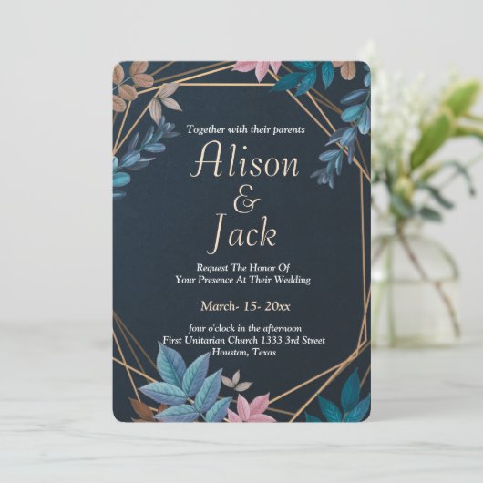 Modern botanisch geometrisch lijst bruiloft kaart (Staand voorkant)