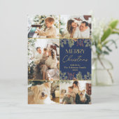 Modern Botanisch Goud Script Blauw Foto Kerstmis Feestdagenkaart (Staand voorkant)