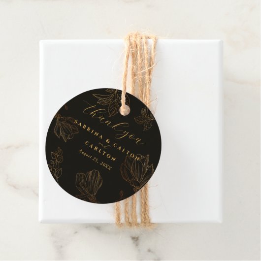 Modern Botanisch Gouden Bloemen Zwart Dank u Bedankjes Labels (In situ)
