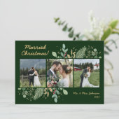 Modern Botanisch groen 3 foto bruiloft Feestdagenkaart (Staand voorkant)