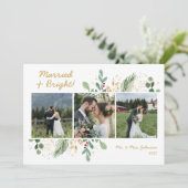 Modern Botanisch Groen 3 Foto Getrouwd & Helder Feestdagenkaart (Staand voorkant)