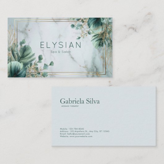 Modern botanisch groen en goudmarmer visitekaartje (Voorkant / Achterkant)