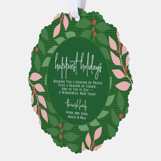 Modern botanisch groen - Foto - Happiest Holiday Ornament Kaart (Links)
