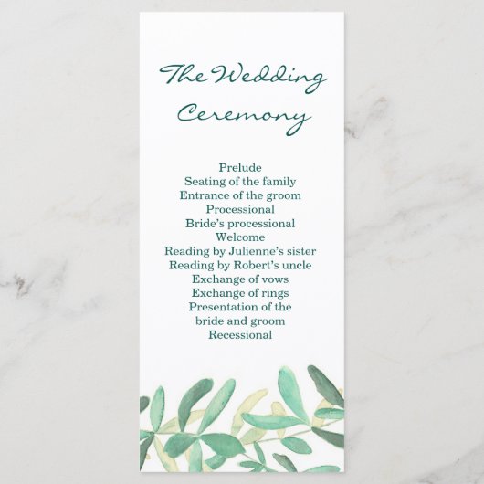 Modern Botanisch Groen Huwelijksceremonie Programm Programmakaart (Achterkant)