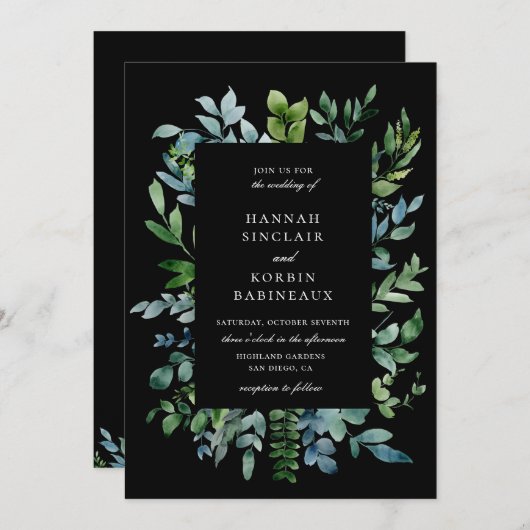 Modern Botanisch groen zwart bruiloft Kaart (Voorkant / Achterkant)