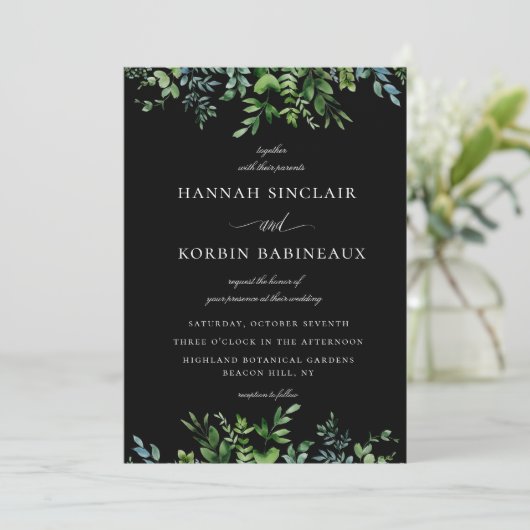 Modern Botanisch groen zwart bruiloft Kaart (Staand voorkant)