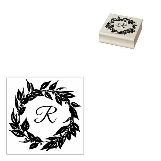 Modern Botanisch krans Monogram Initiaal Rubberstempel (Gestempeld)