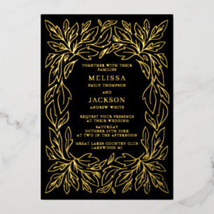 Modern Botanisch Lijst Elegant Wedding Black Folie Uitnodiging