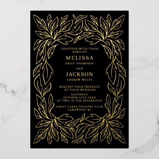 Modern Botanisch Lijst Elegant Wedding Black Folie Uitnodiging (Voorkant)