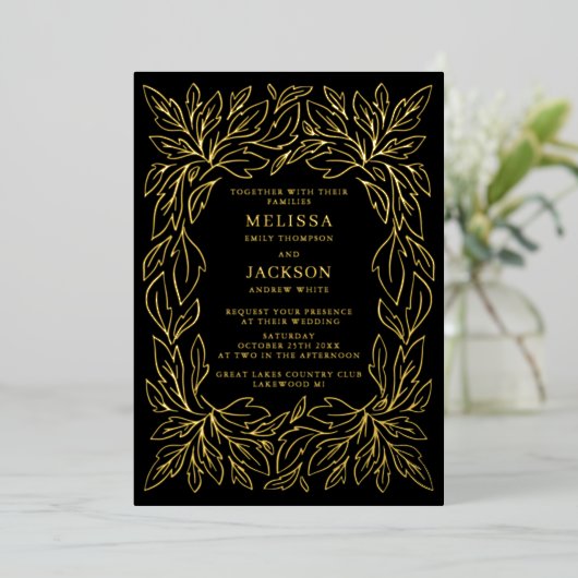 Modern Botanisch Lijst Elegant Wedding Black Folie Uitnodiging (Staand Voorkant)