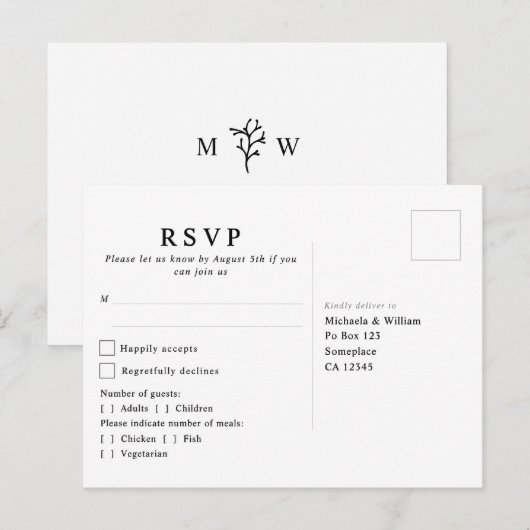 Modern Botanisch Monogram Trouw RSVP Briefkaart (Voorkant / Achterkant)