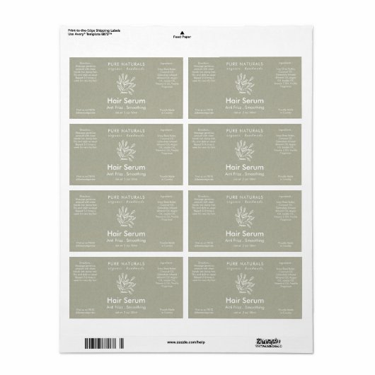 Modern botanisch neutraal groen natuurproduct etiket (Full Sheet)