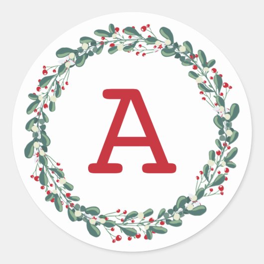 Modern Botanisch Red Berry Kerstmis Monogram Ronde Sticker (Voorkant)